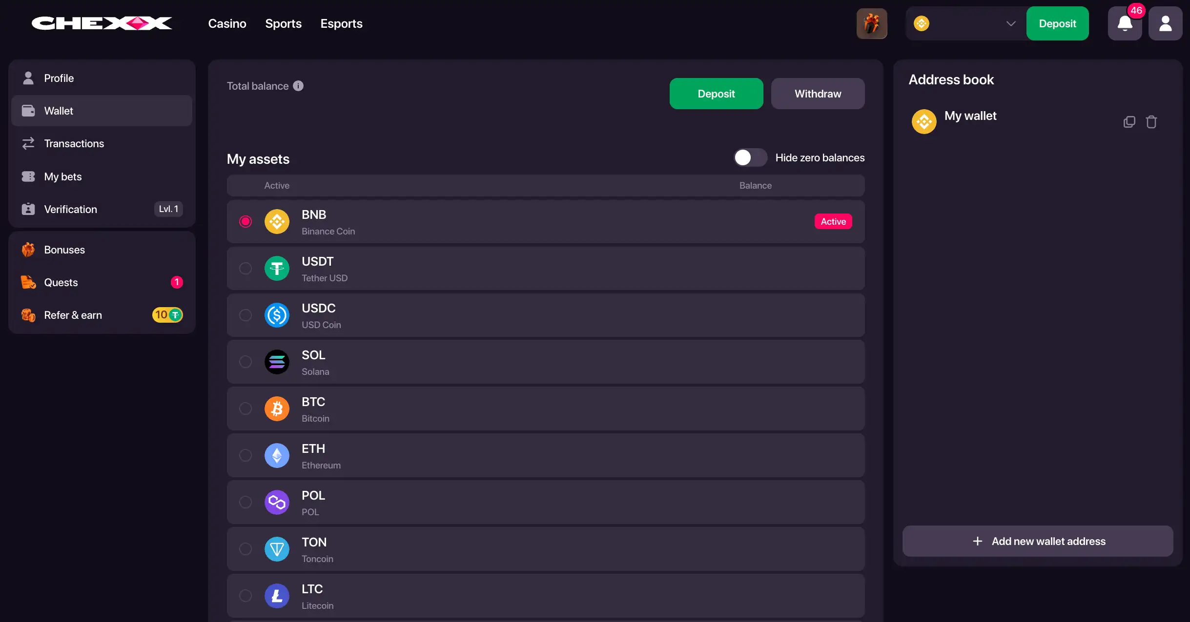 CHEXX cryptocurrency withdrawal interface