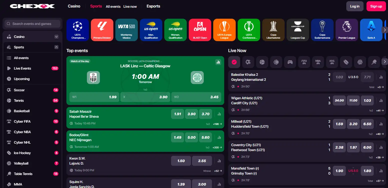 CHEXX sportsbook and esports betting interface