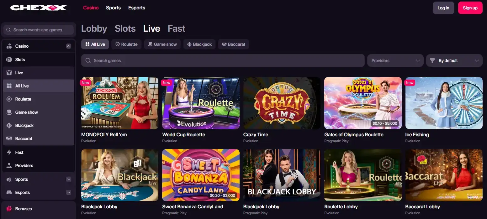 CHEXX live casino lobby showing live dealer game categories