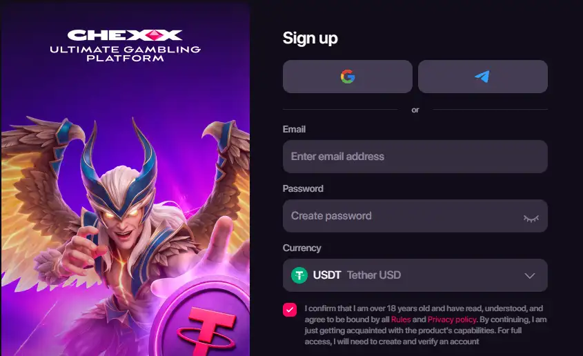 CHEXX registration screen with available account creation methods
