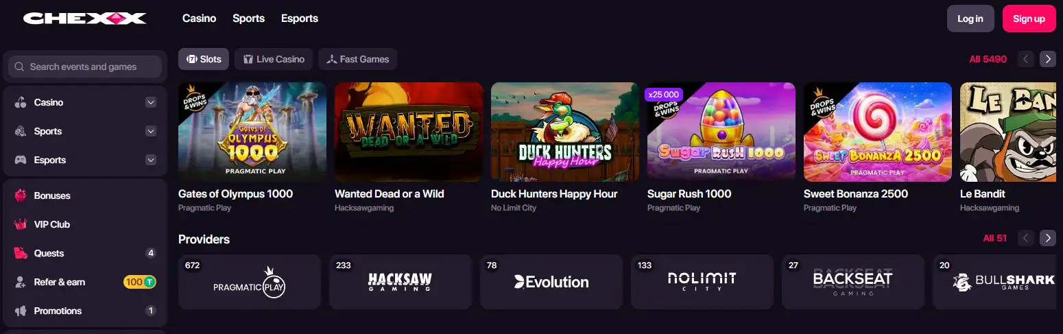 CHEXX casino catalogue navigation with slots, live casino and fast game categories
