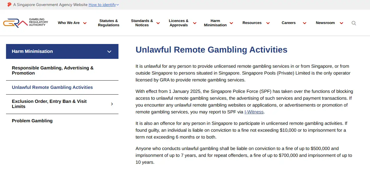 Singapore Gambling Regulatory Authority page explaining unlawful remote gambling