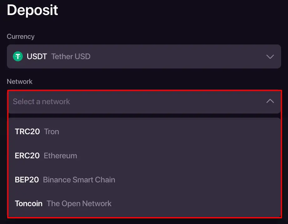 CHEXX cryptocurrency deposit selector with coin and network options