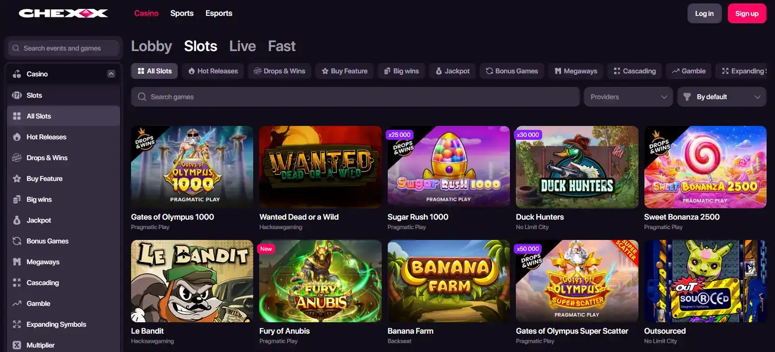 CHEXX slots catalogue with provider and game category navigation