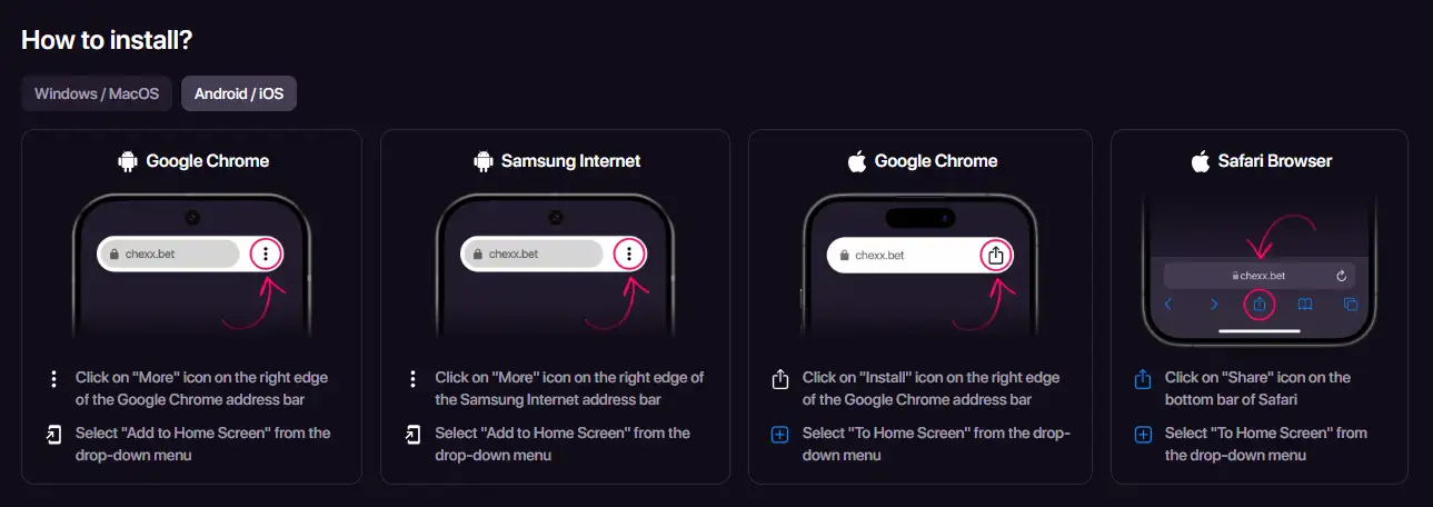 CHEXX mobile installation interface showing PWA access on a smartphone