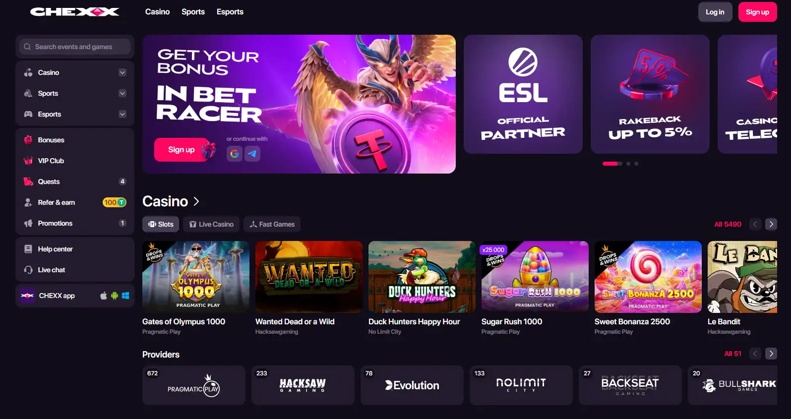 CHEXX homepage interface showing its casino and sportsbook presentation