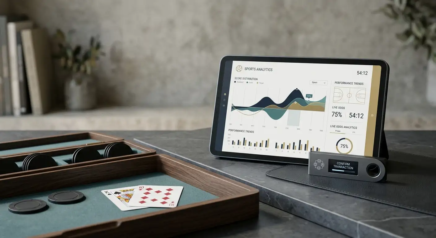 Editorial illustration combining casino tables, sports analysis and a crypto wallet concept