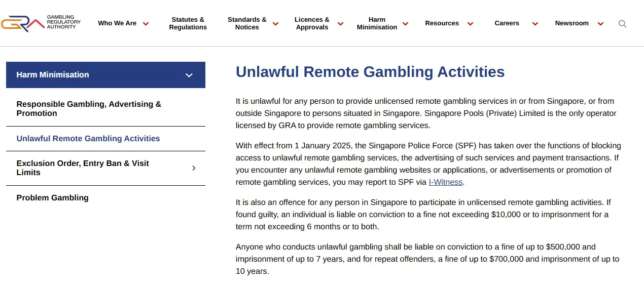 Gambling Regulatory Authority of Singapore page about unlawful remote gambling activities